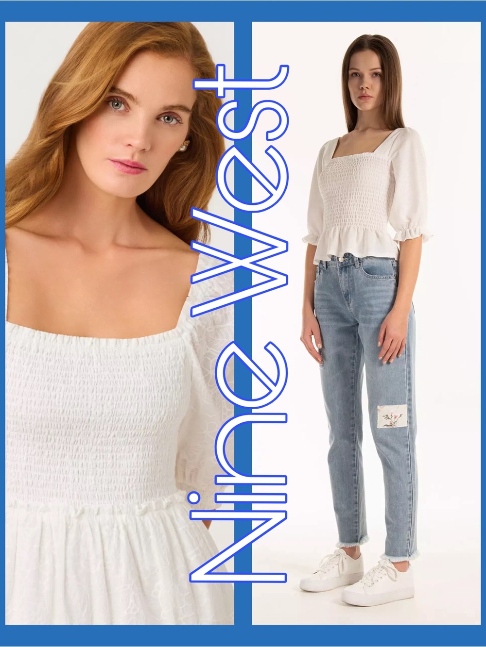 Nine West White Smocked Square-Neck Peasant Blouse